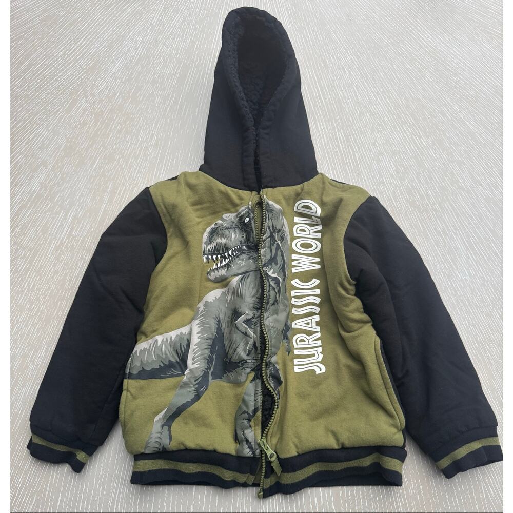 Jurassic World Boys Size 7 T-Rex Sherpa Lined Zip-Up Hoodie Jacket Green Black